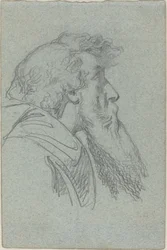 Bärtiger Mann, der nach oben schaut / Umhangfigur mit erhobenen Armen