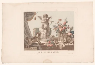 Stillleben auf einem Tisch mit einem Hund und einer Statue von Cupido