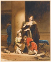 Elisabeth Woodville, die Königin von England, verabschiedet sich von ihren Söhnen, Eduard V. und Richard, Herzog von York, mit einem trauernden Mann hinter einer Säule