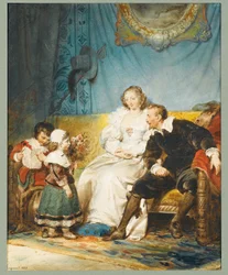 Rubens und Hélène Fourment sitzen mit Frans, der einen Brief hält, und Isabelle Hélène, die ihnen einen Rosenstrauß gibt