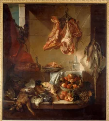 Küchenstillleben mit Wild, Obst und Fleisch. Gemälde von François Desportes (1661-1743), 18. Jahrhundert. Châlons-sur-Marne, Musée des Beaux-Arts