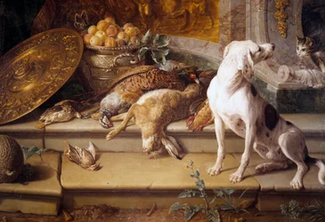 Stillleben mit Jagdhund und Wild (Hase, Fasan, Rebhuhn), Detail. 18. Jahrhundert, Gien, Jagdmuseum