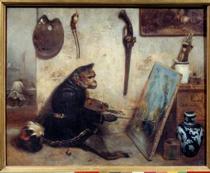 Der Affe als Maler, Gemälde von Alexandre Gabriel Decamps (1803-1860), 1833, Maße: 0,32 x 0,4 m