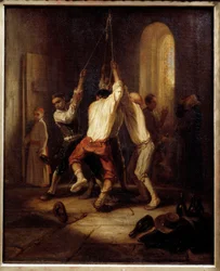 Die Glockenläuter. Männer ziehen am Seil, um die Glocken zu läuten. Gemälde von Alexandre Gabriel Decamps (1803-1860)