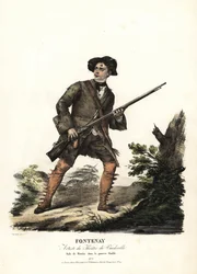 Jean-Baptiste Fontenay und Martin in Le Poor Diable von Balisson und Dumersan, Theatre du Vaudeville. Handkolorierte Lithografie von F. Noel nach einer Illustration von Alexandre-Marie Colin aus Porträts von Schauspielerinnen in verschiedenen Rollen, F. No