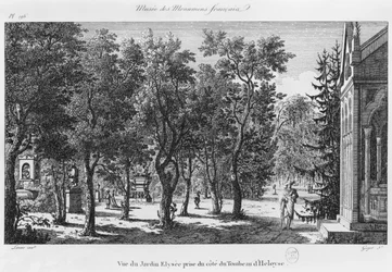 Musée des Monuments Français, Paris, Blick auf den Jardin Elysee vom Grab von Heloise und Abelard, graviert von Laurent Guyot (1756-1806)