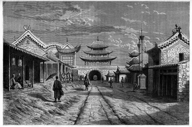 Ansicht einer Straße in Youn Tchen Sian, China. Gravur nach einer Zeichnung von A. de Bar, in Le Tour du Monde, Nouveau journal des Voyages, herausgegeben von Edouard Charton, Paris