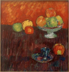 Stillleben mit Äpfeln und blauer Tasse