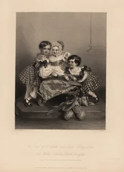 Earl of Dalkeith (William Henry), Henry John und Walter Charles Scott Douglas, Söhne des 5. Duke of Buccleuch, 7. Duke of Queensberry. Zwei Söhne tragen Tartankleider mit Bändern, der jüngste trägt eine Mütze und ein Satinkleid. Stahlstich von H. Cook