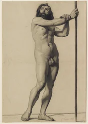 Akademische Figurenstudie: männlicher Akt mit einem Stab, 1844
