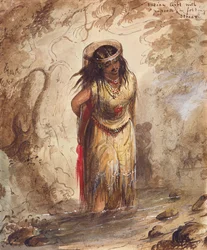 Indianermädchen mit Papoose durchquert einen Bach, ca. 1837