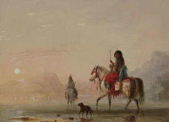 Indianer und seine Squaw beim Durchqueren eines Flusses