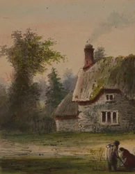 Zwei Figuren vor einem Cottage
