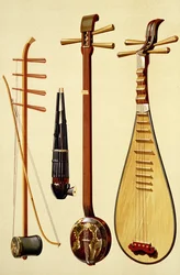 Eine Huqin mit Bogen, eine Sheng, eine Sanxian und eine Pipa, chinesische Instrumente aus „Musical Instruments“