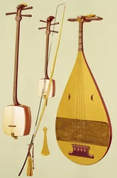 Eine Shamisen, eine Kokyu und eine Biwa, japanisch, aus „Musikinstrumente“