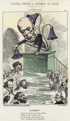 Glockenblume: Karikatur über Grévy - ill. vom 26/06/1871 von Alfred Le Petit, in „Blumen, Früchte und Gemüse des Tages“