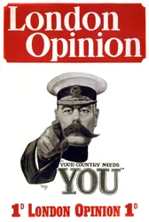 Erster Weltkrieg: Plakat zur Rekrutierung britischer Soldaten: Kommandeur Lord Horatio Herbert Kitchener of Khartoum (1850-1916), britischer Soldat und Staatsmann, zeigt auf potenzielle Militärangehörige: „Das Land braucht dich“, 191