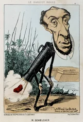 Le Bean rouge: Karikatur von Victor Schoelcher dargestellt im Zug von Peter ein Bohne (Furz) - ill. vom 16/02/1871 in „Fleurs, Fruits et Vegetables du Jour“