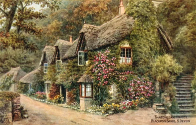 Reetgedeckte Cottages, Blackpool Sands, Süd-Devon