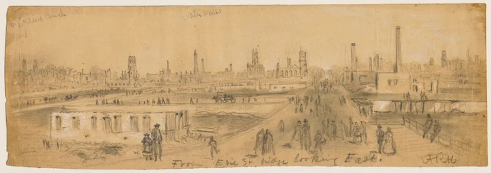 Blick von der Erie Street Bridge nach Osten während des Chicagoer Brandes von 1871