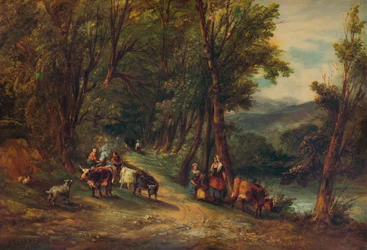 Rinder und Figuren im bewaldeten Tal mit Bach, 1860, 1938