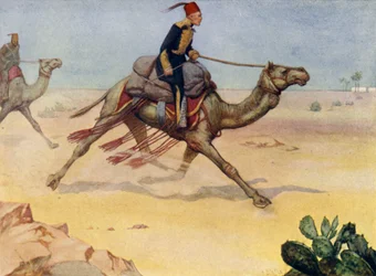 Britischer General Charles George Gordon galoppiert auf einem Kamel durch die Sahara