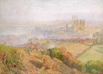 Durham, neblig mit Rauch aus der Zeche