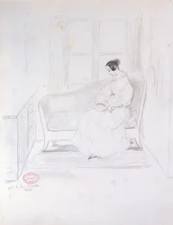 George Sand (1804-76), lesend auf einem Sofa neben einem Fenster, 1833