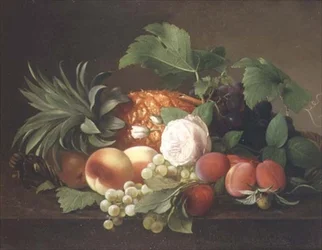 Stillleben mit Ananas, Pfirsichen, Pflaumen und Trauben