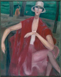 Frau in Rot am Ufer