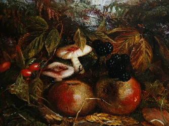 Stillleben mit Pilzen, Äpfeln und Brombeeren