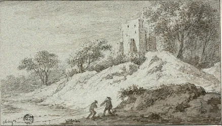 Landschaft mit zwei Figuren und Schloss auf dem Hügel
