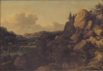 Berglandschaft mit einem Paar Reiter im Vordergrund