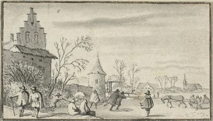 Schlittschuhläufer auf einem Teich außerhalb der Stadt