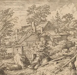 Hamlet auf einem Berghang, wahrscheinlich ca. 1645-1656