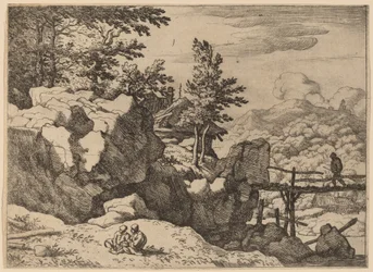 Mann auf einer kleinen Holzbrücke, wahrscheinlich ca. 1645-1656
