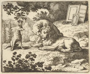 Renard lügt, dass er dem Widder verschiedene wertvolle Gegenstände gegeben hat, die für den Löwen bestimmt waren, 1650-75