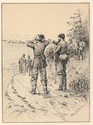 Offiziere und General beobachten eine Seeschlacht (Schlacht von Monitor und Merrimac)