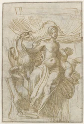 Leda oder Venus (?) mit Vogel und Putti vor einer Muschel