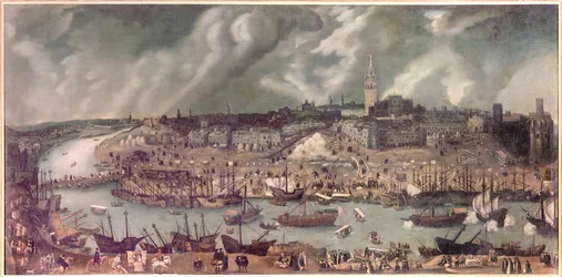 Ansicht der Stadt Sevilla (Spanien). Gemälde zugeschrieben Alonso Sanchez-Coello (circa 1531-1588) Ende des 16. Jahrhunderts