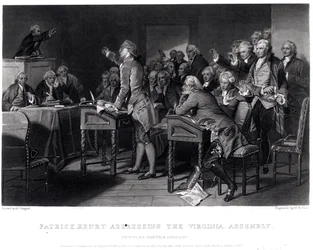 Patrick Henry spricht vor der Virginia Assembly, März 1775, graviert von Henry Bryan Hall (1808-84), 1856