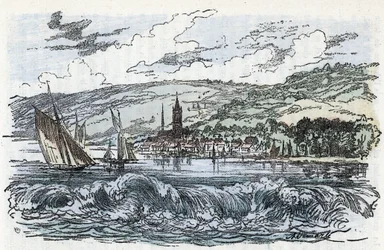 Ansicht des Mascaret der Seine in Caudebec-en-Caux in der Seine-Maritime, Normandie. Gravur aus „Natur und Mensch“ von Rengade 1881. Private Sammlung
