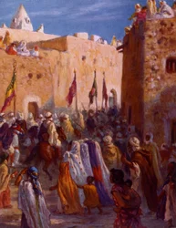 Illustration von muslimischen arabischen Kriegern, die eine Stadt verlassen, um sich auf den Dschihad oder Heiligen Krieg zu begeben. Von Nasreddine Dinet (Alphonse-Étienne Dinet)