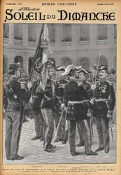 Verleihung der Kommandeurskreuze der Ehrenlegion an vier Generäle (Gosse Dubois, General Colonna, General Toulza, General Dalstein) durch General Brugère. Gravur von Lalauze für „Le Soleil-du-Dimanche“ im Februar 1900.