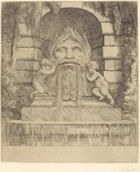 Brunnen: Groteske, Kinder und Becken (Une fountaine: Masque, enfants et bassin)