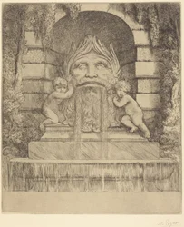Brunnen: Groteske Maske, Kinder und Becken