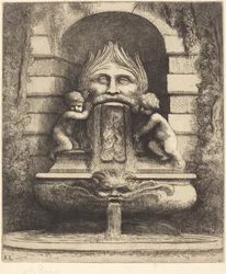 Brunnen: Groteske, Kinder und Becken Une fountaine: Masque, enfants et bassin