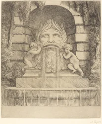Brunnen: Groteske, Kinder und Becken Une fountaine: Masque, enfants et bassin