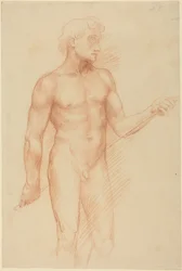 Studie einer Männerfigur, die einen Stab hinter dem Rücken hält