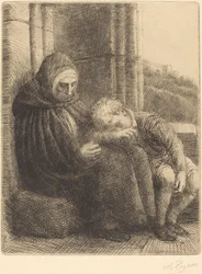 Frau sitzt an einer Wand, Kind mit Kopf in ihrem Schoß (Femme assise, muraille au fond, enfant la tete dans son giron)
